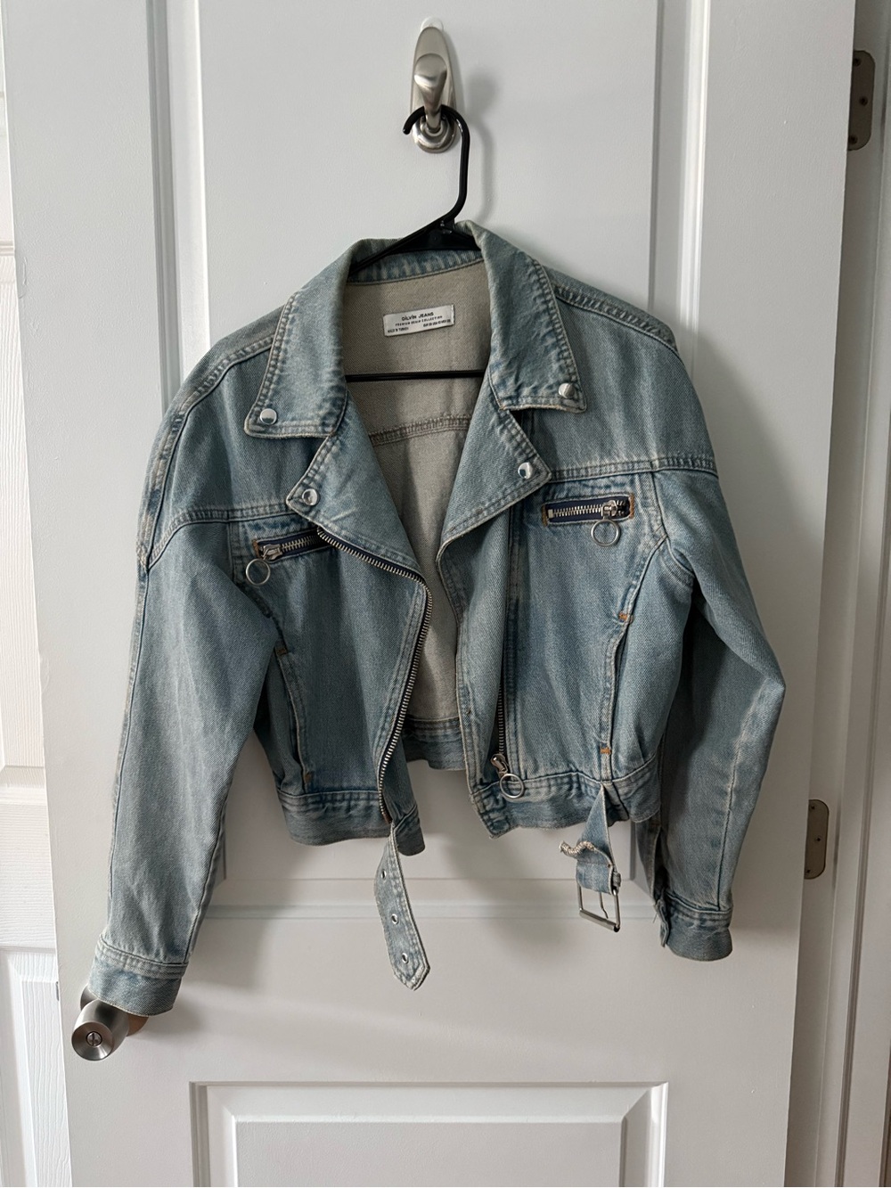 Light Blue Denim Moto Jacket with Belt - Women